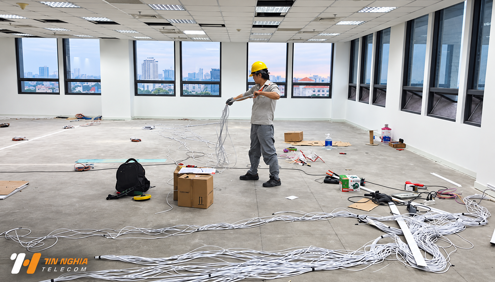 Hình ảnh kỹ thuật viên triển khai thi công dây cáp mạng LAN trong văn phòng