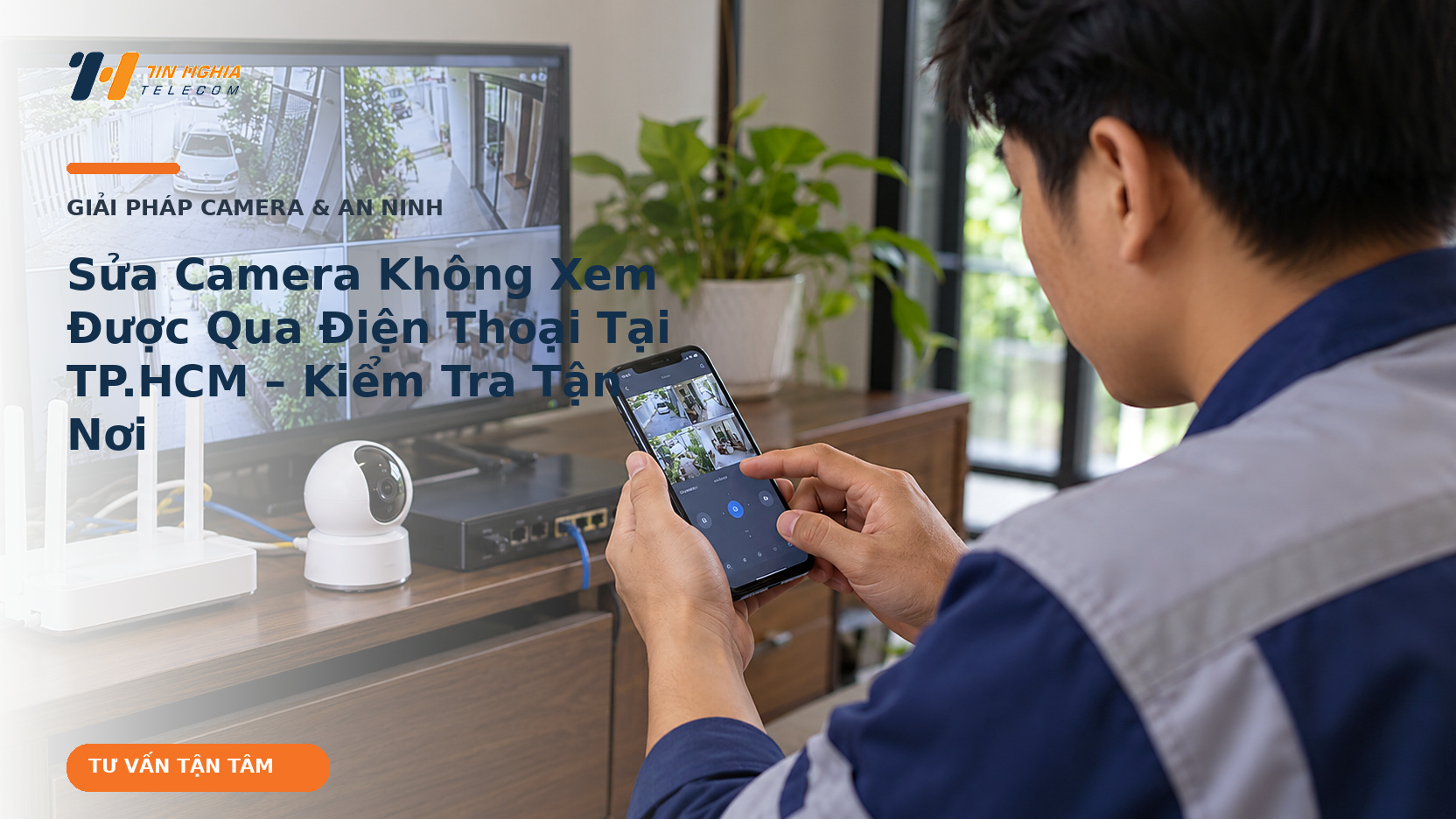 Kỹ thuật viên kiểm tra camera giám sát qua điện thoại và màn hình tại TP.HCM, minh họa bởi Viễn Thông Tín Nghĩa.